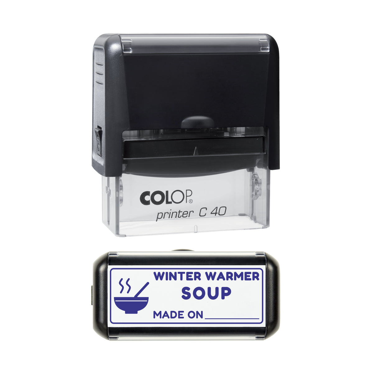 Winter Warmer Soup Label Stamp, COLOP C40, 58 x 22mm, violet ink