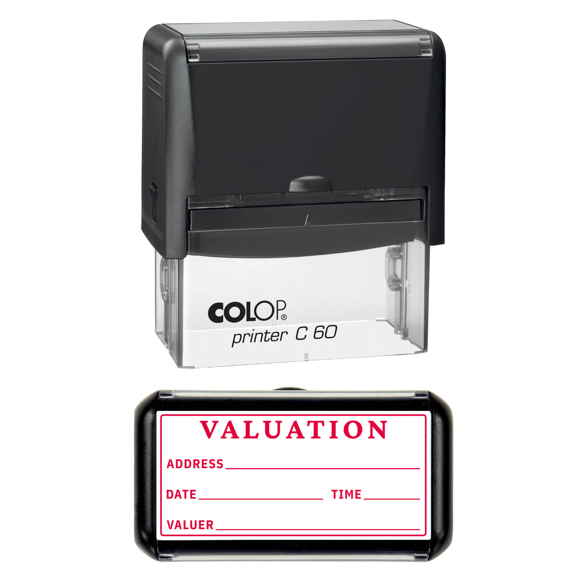 Stamp showing the Valuation design, 77 x 36mm COLOP C60 self-inking stamp, red ink