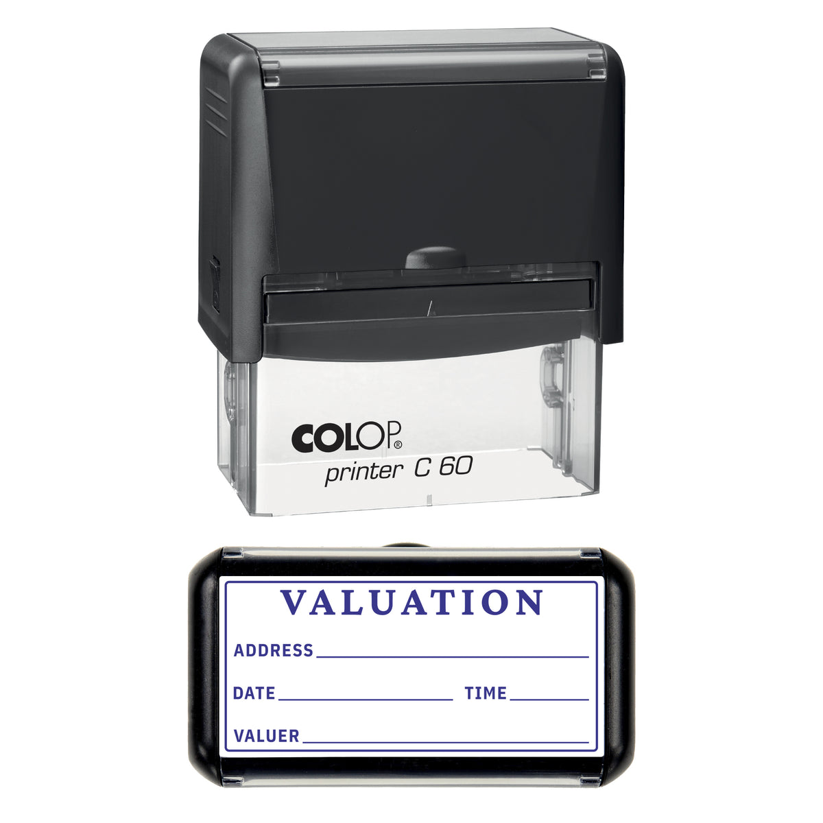 Stamp showing the Valuation design, 77 x 36mm COLOP C60 self-inking stamp, violet ink