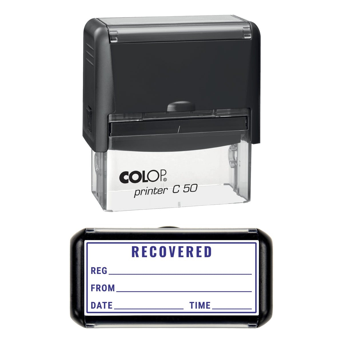 Stamp showing the Vehicle Recovered design, 70 x 30mm COLOP C50 self-inking stamp, violet ink