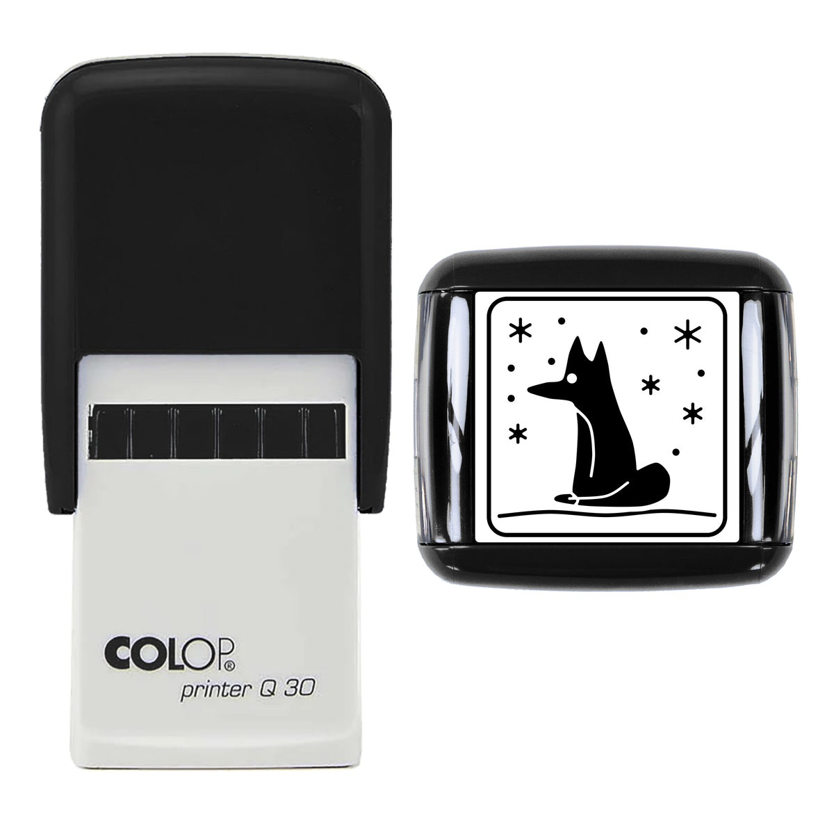 Winter Fox in Snow Christmas Stamp, COLOP Q30, 30 x 30mm, black ink