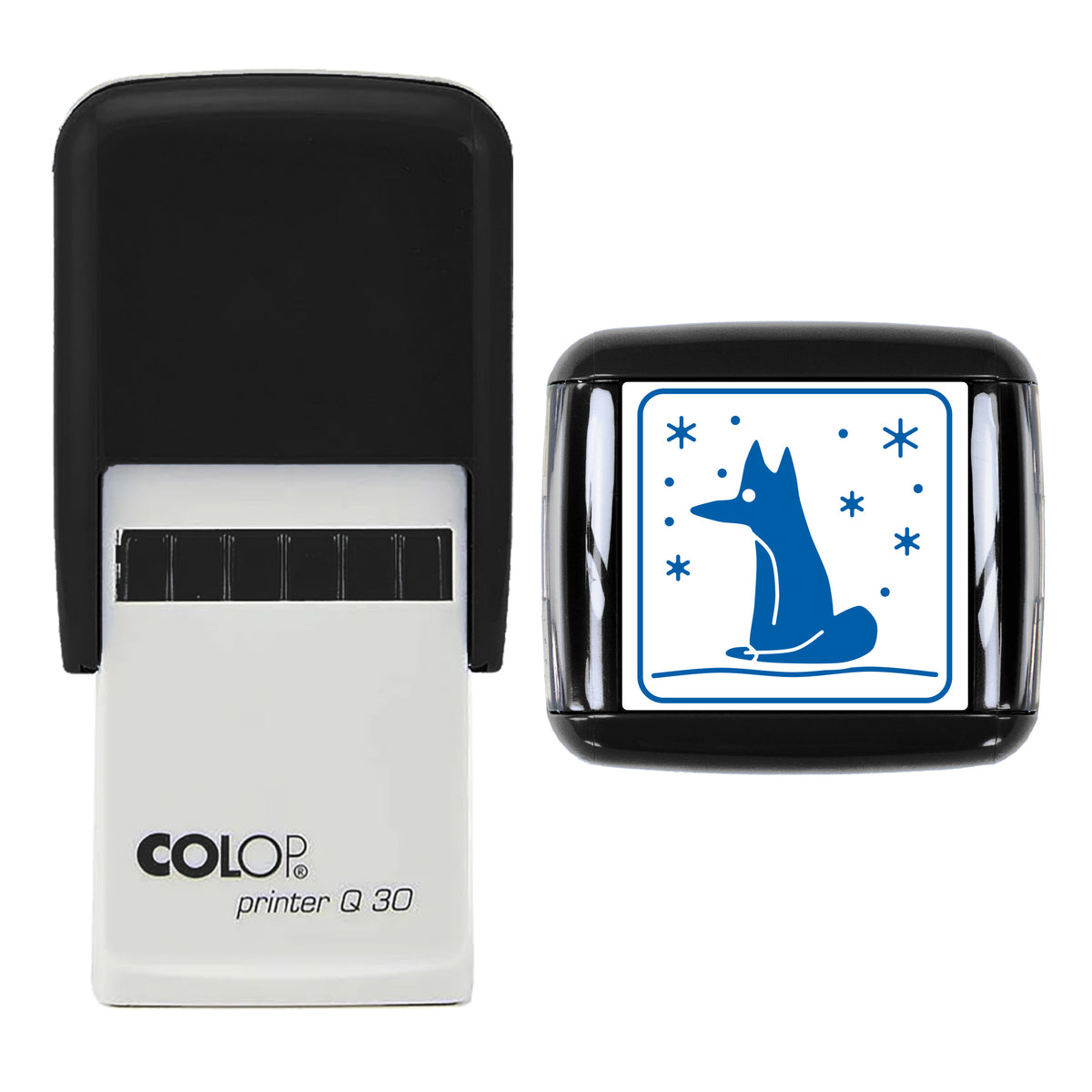 Winter Fox in Snow Christmas Stamp, COLOP Q30, 30 x 30mm, blue ink