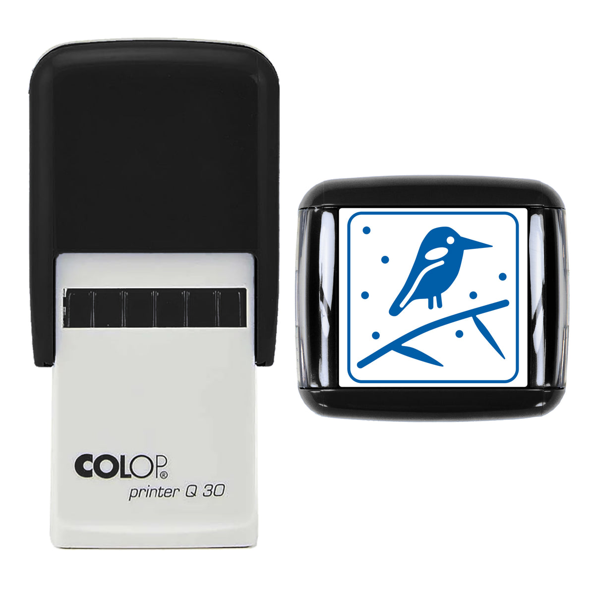 Kingfisher on Frosty Reed Christmas Stamp, COLOP Q30, 30 x 30mm, blue ink