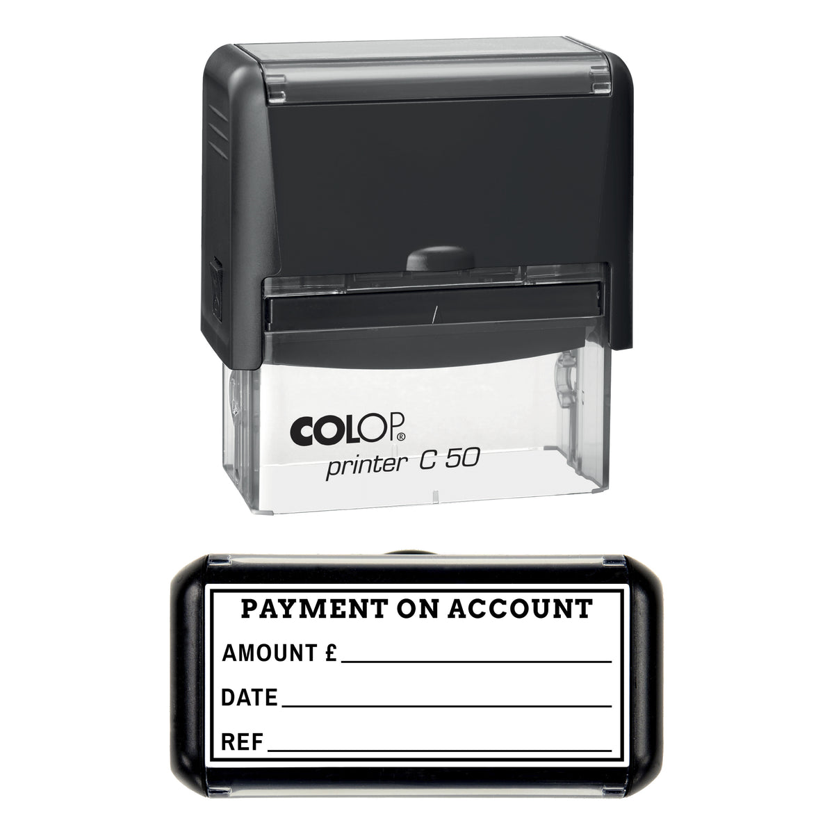Stamp showing the Payment on Account design, 70 x 30mm COLOP C50 self-inking stamp, black ink