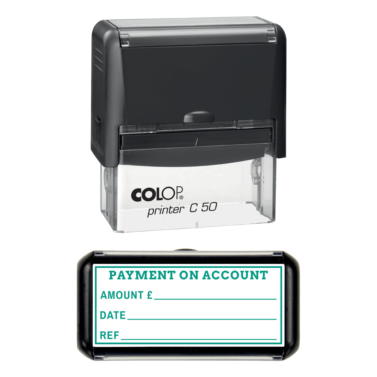 Stamp showing the Payment on Account design, 70 x 30mm COLOP C50 self-inking stamp, green ink