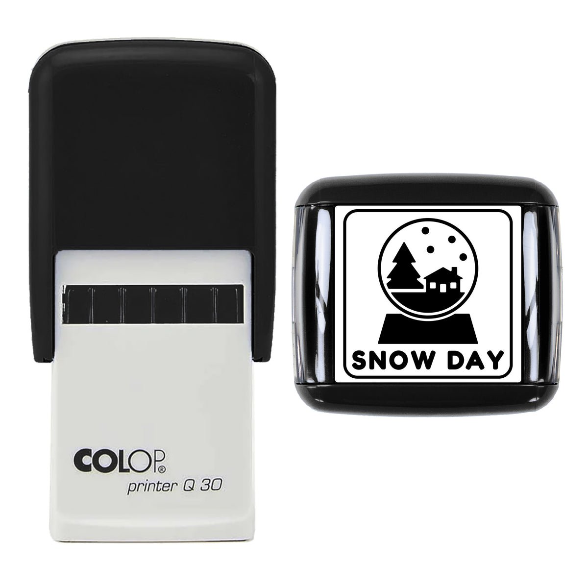 Snow Globe Snow Day Christmas Stamp, COLOP Q30, 30 x 30mm, black ink