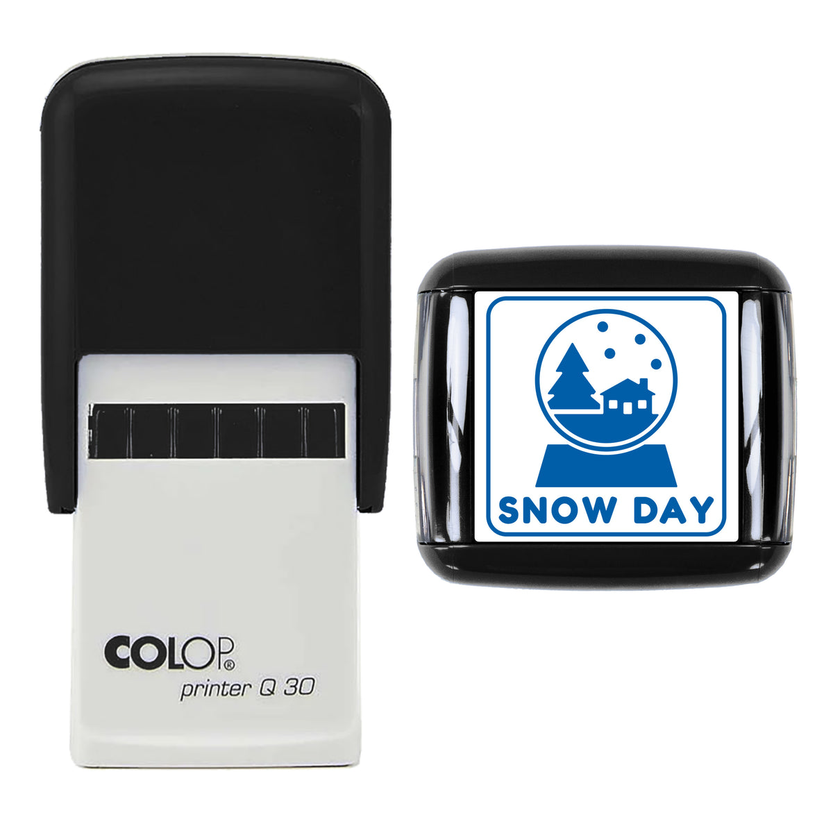 Snow Globe Snow Day Christmas Stamp, COLOP Q30, 30 x 30mm, blue ink