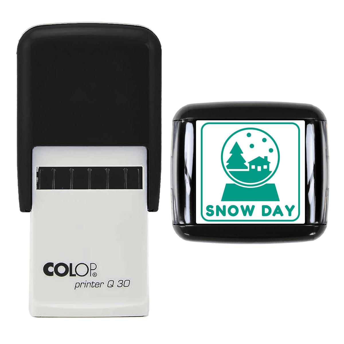 Snow Globe Snow Day Christmas Stamp, COLOP Q30, 30 x 30mm, green ink