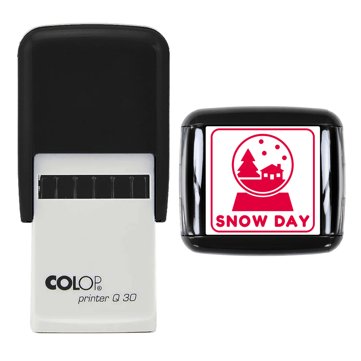 Snow Globe Snow Day Christmas Stamp, COLOP Q30, 30 x 30mm, red ink