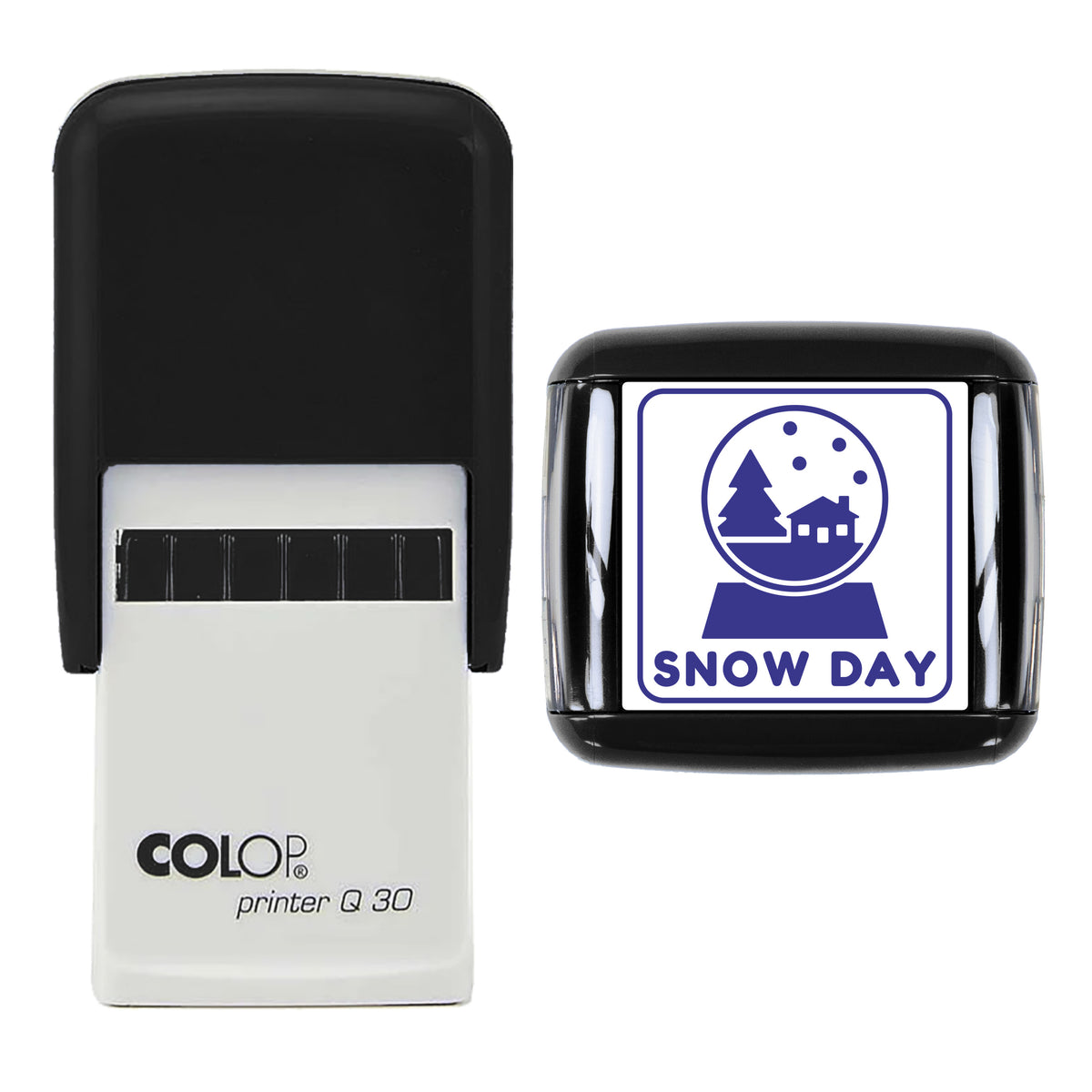 Snow Globe Snow Day Christmas Stamp, COLOP Q30, 30 x 30mm, violet ink
