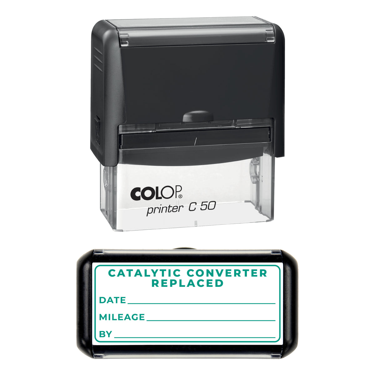 Stamp showing the Catalytic Converter Replaced design, 70 x 30mm COLOP C50 self-inking stamp, green ink