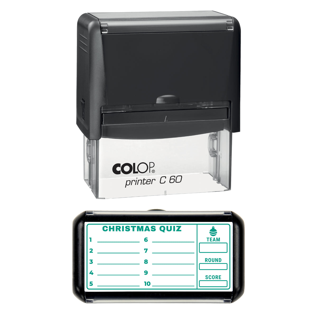 Christmas Quiz Answer Sheet Stamp, COLOP C60, 77 x 36mm, green ink