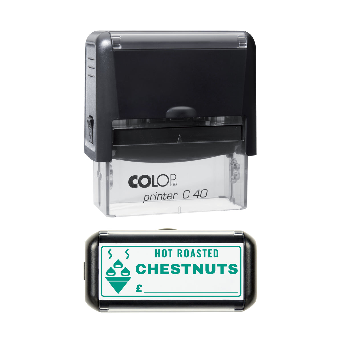 Hot Roasted Chestnuts Price Stamp, COLOP C40, 58 x 22mm, green ink