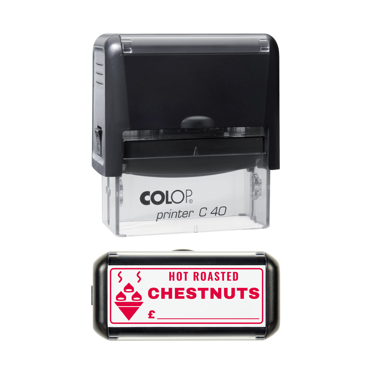 Hot Roasted Chestnuts Price Stamp, COLOP C40, 58 x 22mm, red ink