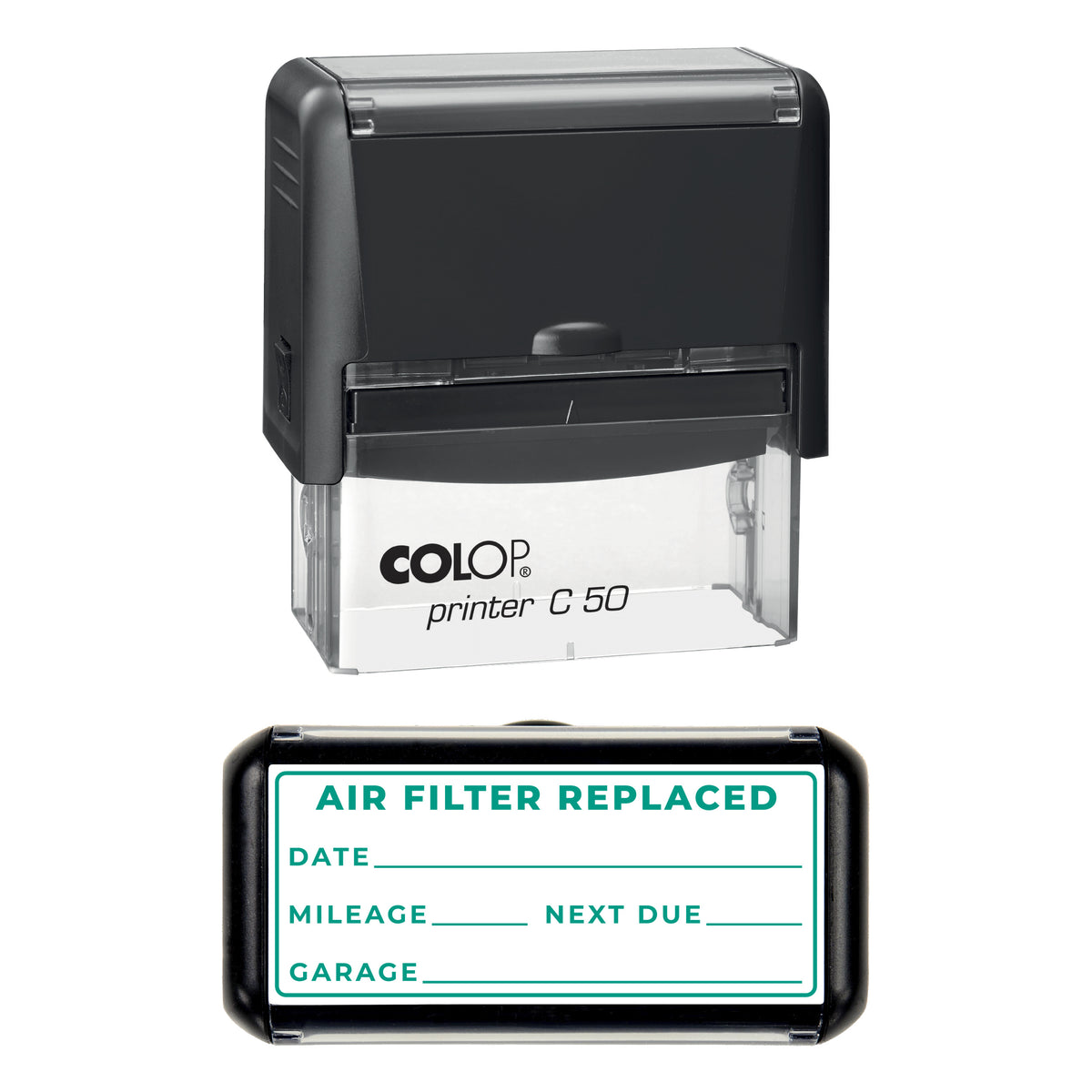 Stamp showing the Air Filter Replaced design, 70 x 30mm COLOP C50 self-inking stamp, green ink