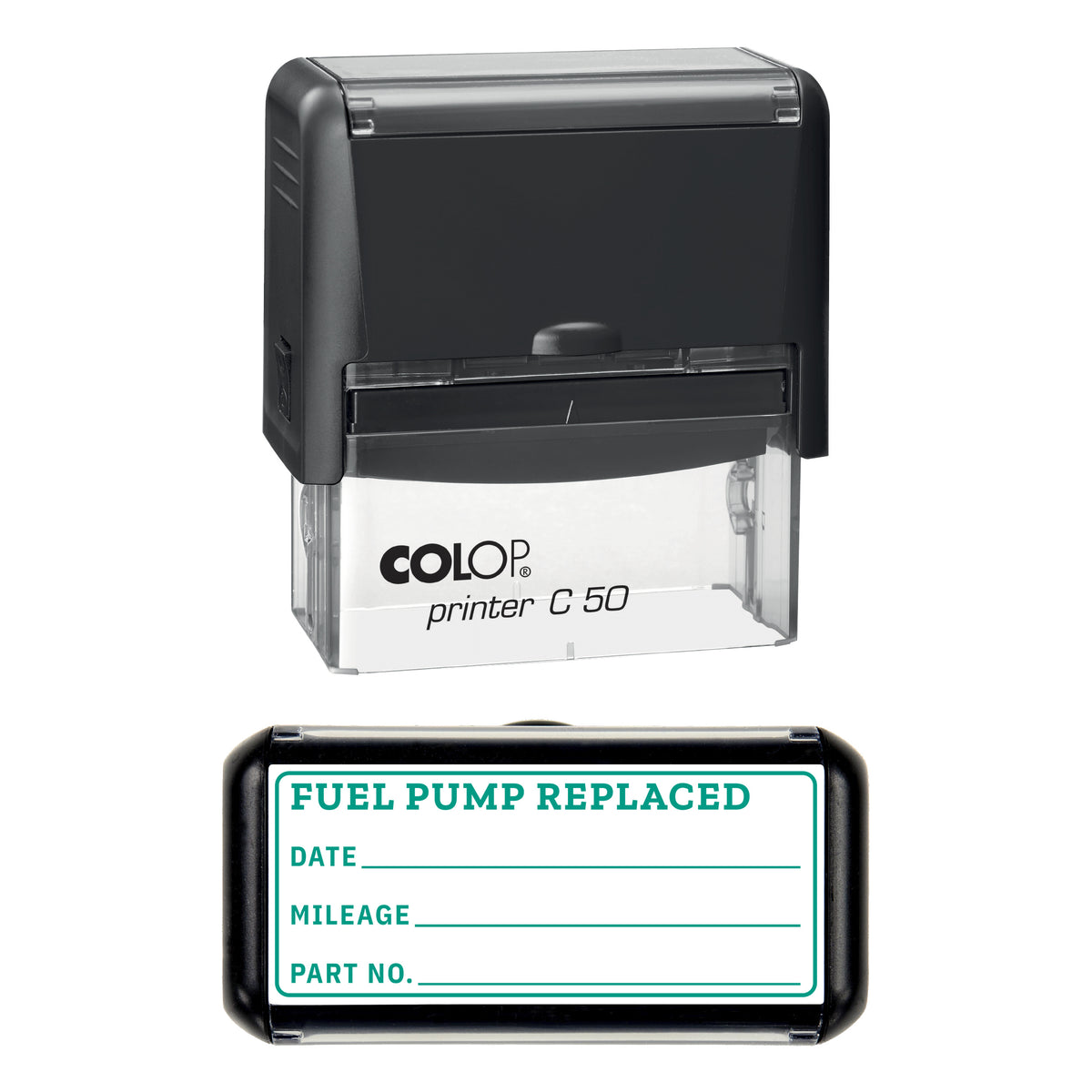 Fuel Pump Replaced Stamp, COLOP C50, 70 x 30mm, green ink
