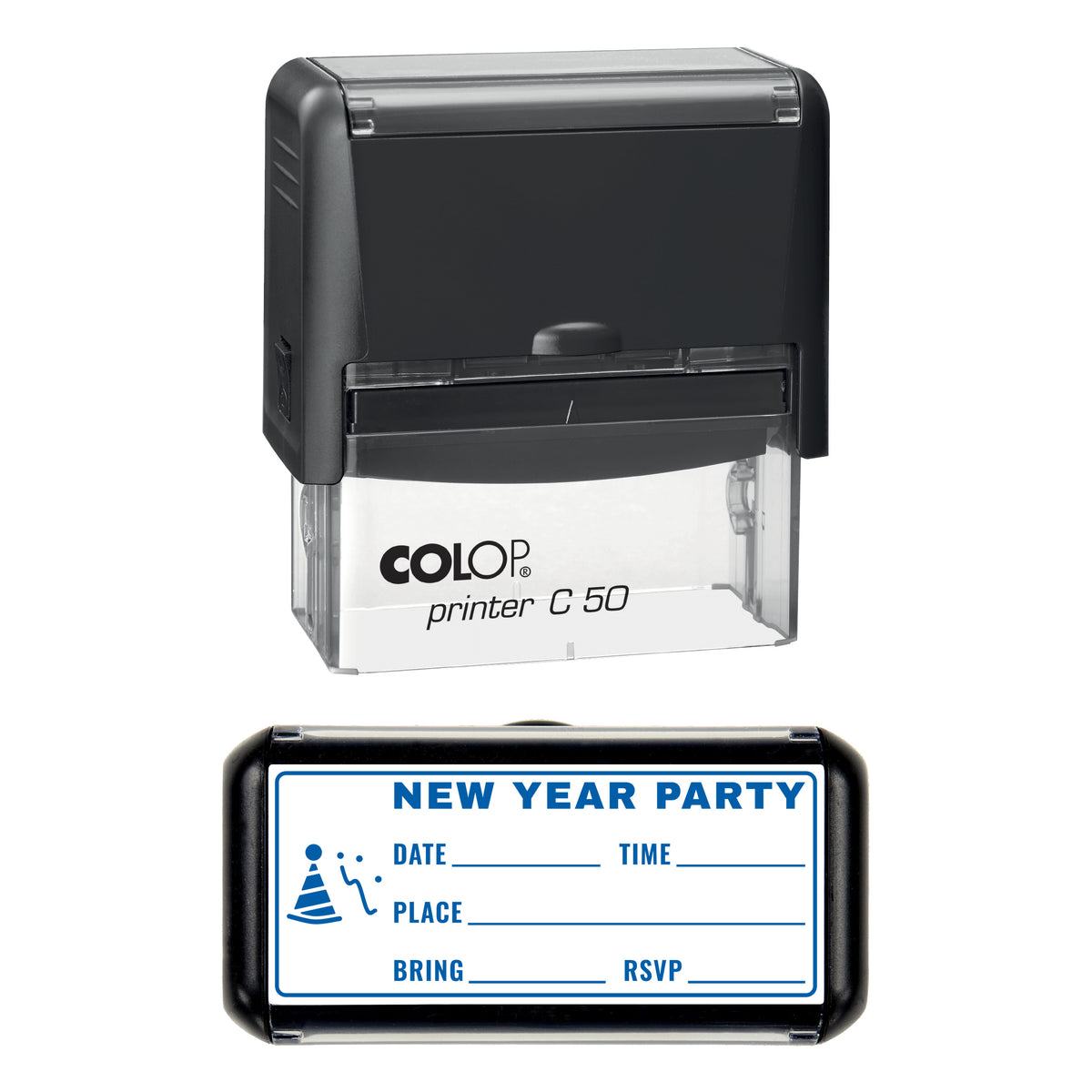 New Year Party Invitation Stamp, COLOP C50, 70 x 30mm, blue ink