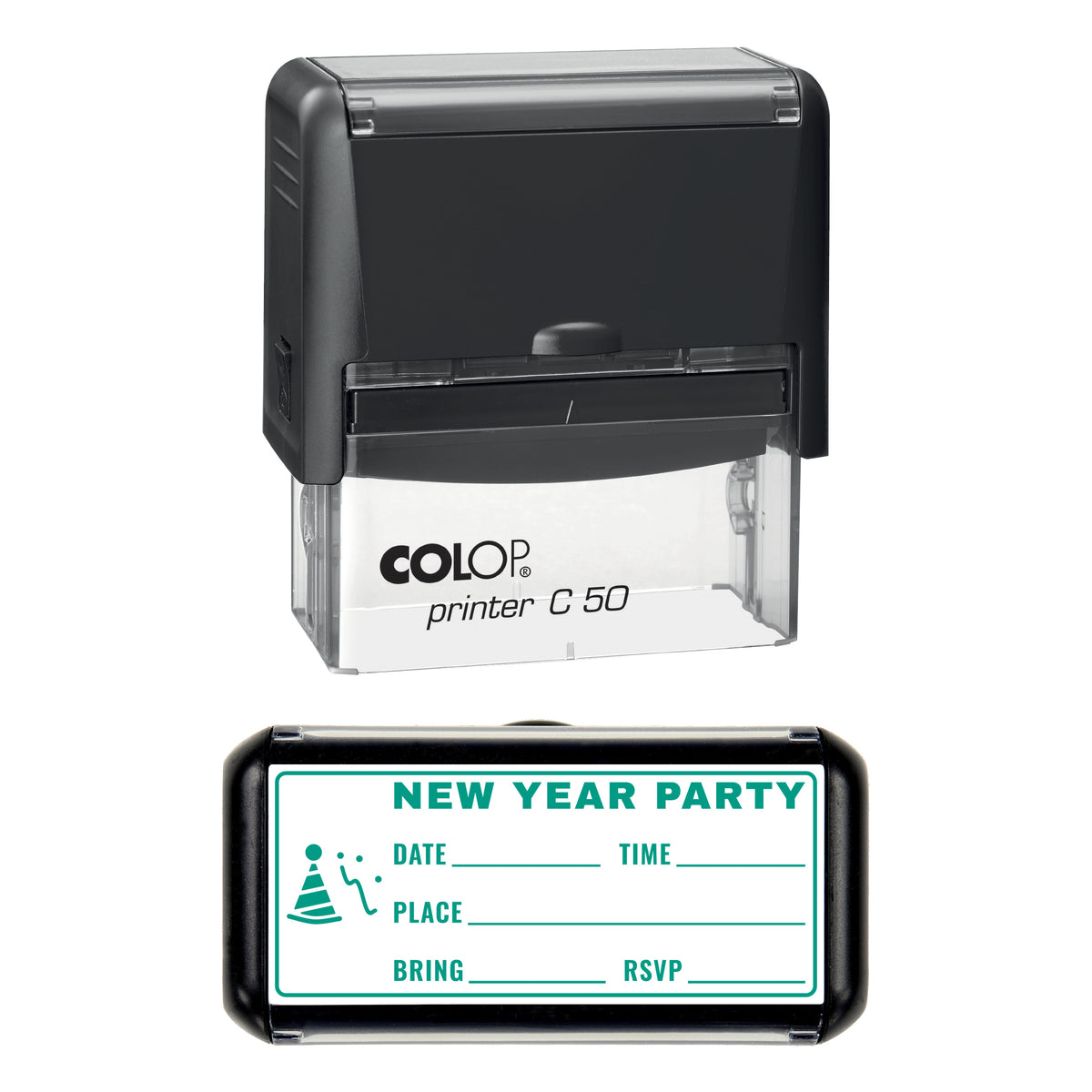 New Year Party Invitation Stamp, COLOP C50, 70 x 30mm, green ink