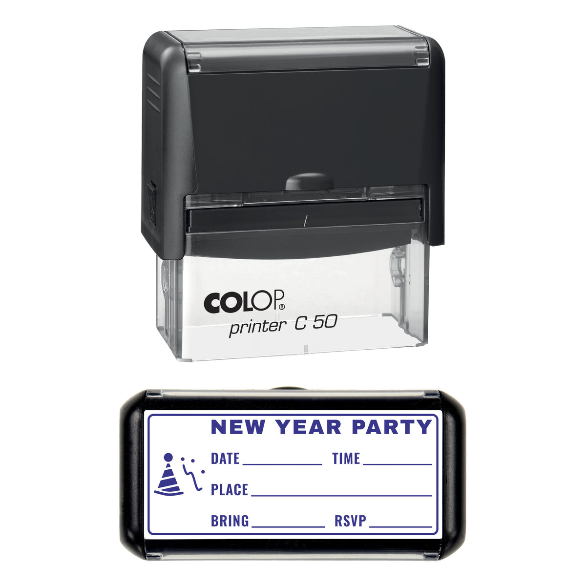 New Year Party Invitation Stamp, COLOP C50, 70 x 30mm, violet ink
