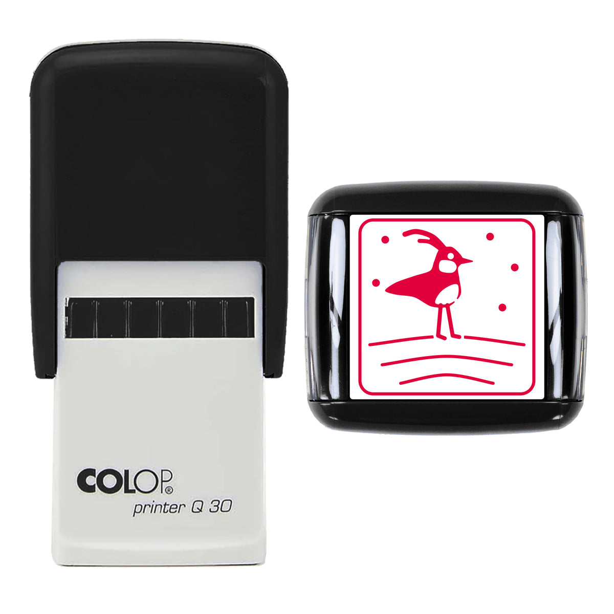 Christmas Lapwing in Frosty Furrows Stamp, COLOP Q30, 30 x 30mm, red ink