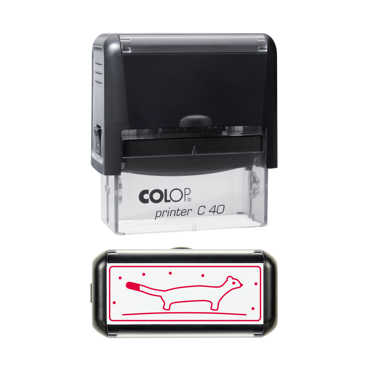 Christmas Stoat in Ermine Coat Stamp, COLOP C40, 58 x 22mm, red ink