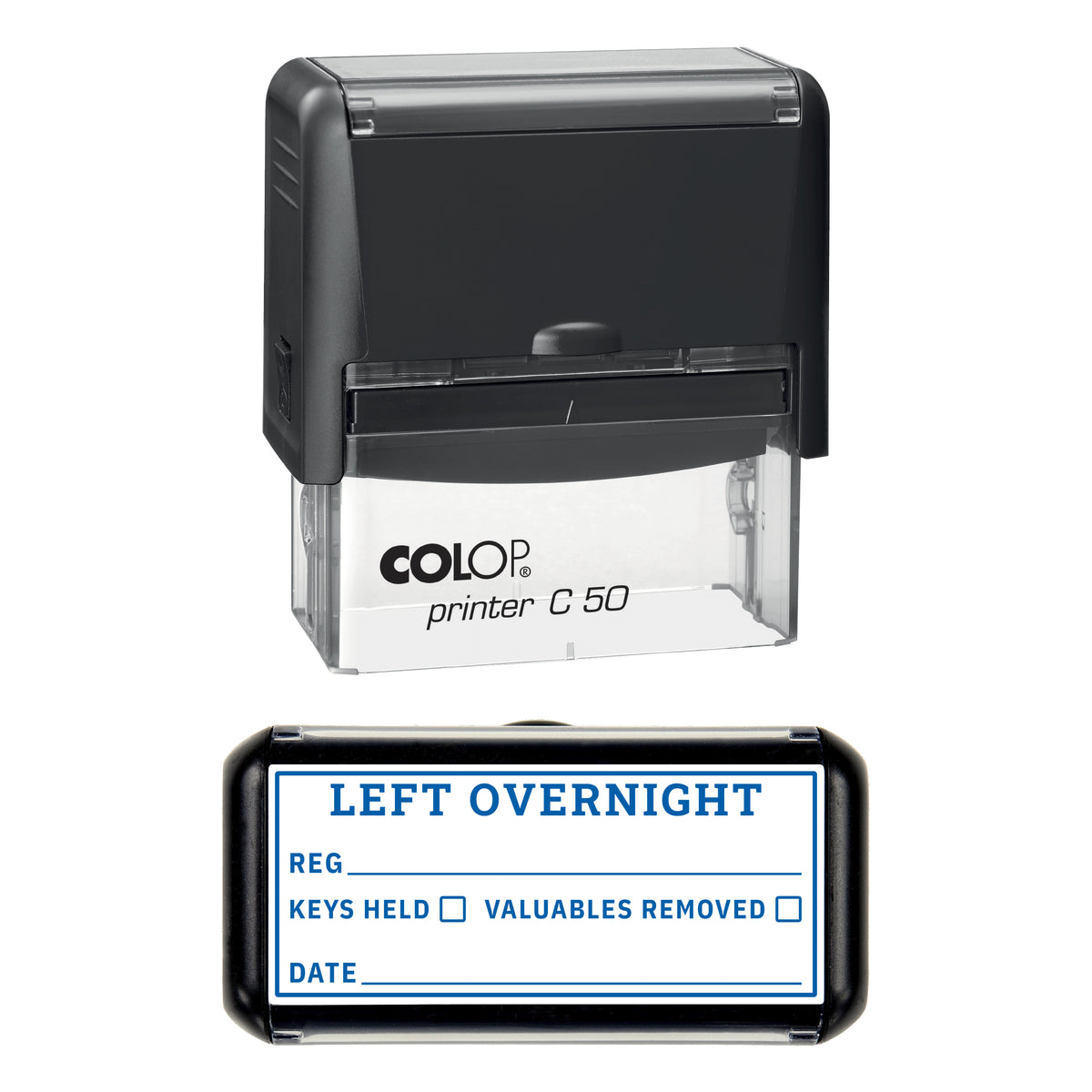 Left Overnight Stamp, COLOP C50, 70 x 30mm, blue ink