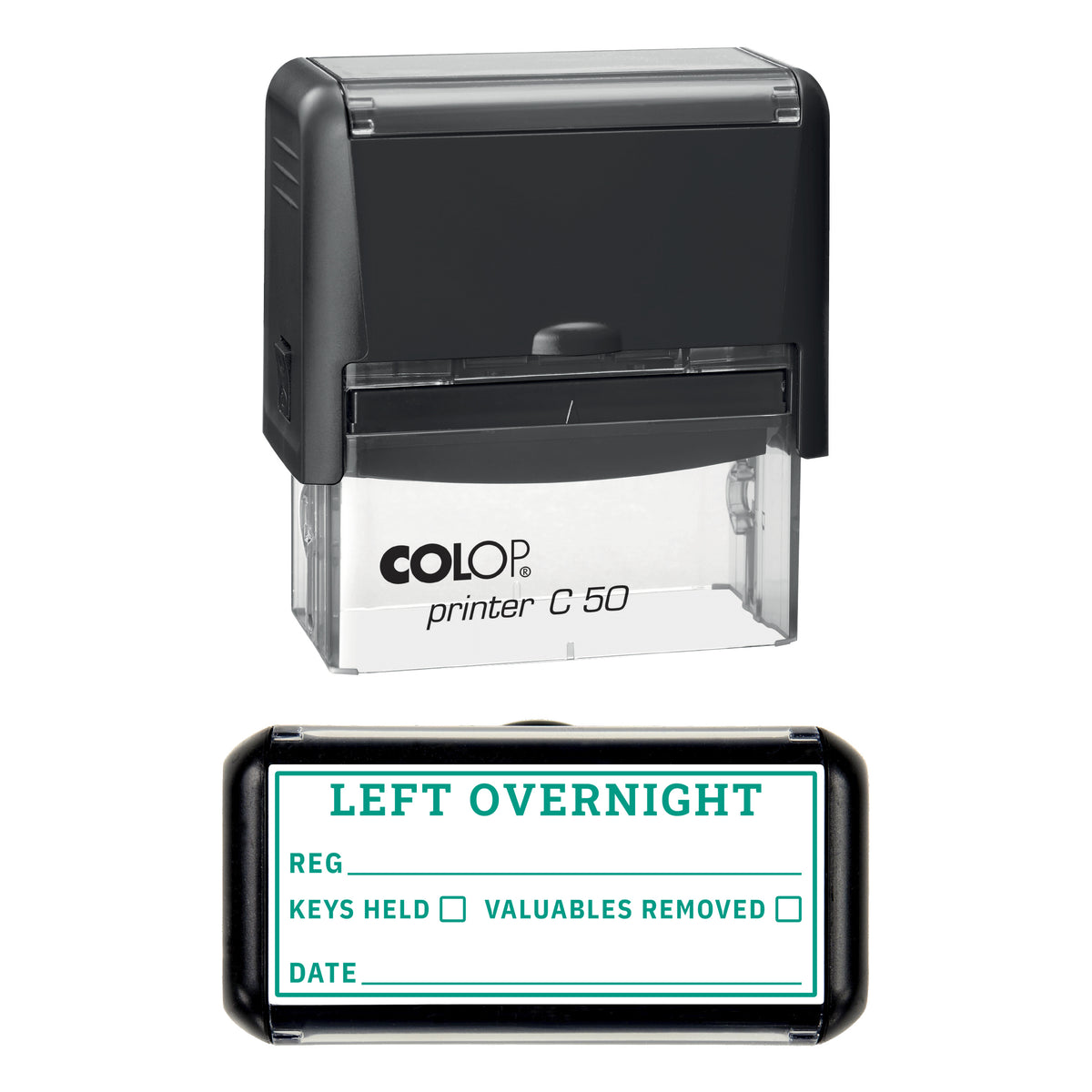 Left Overnight Stamp, COLOP C50, 70 x 30mm, green ink
