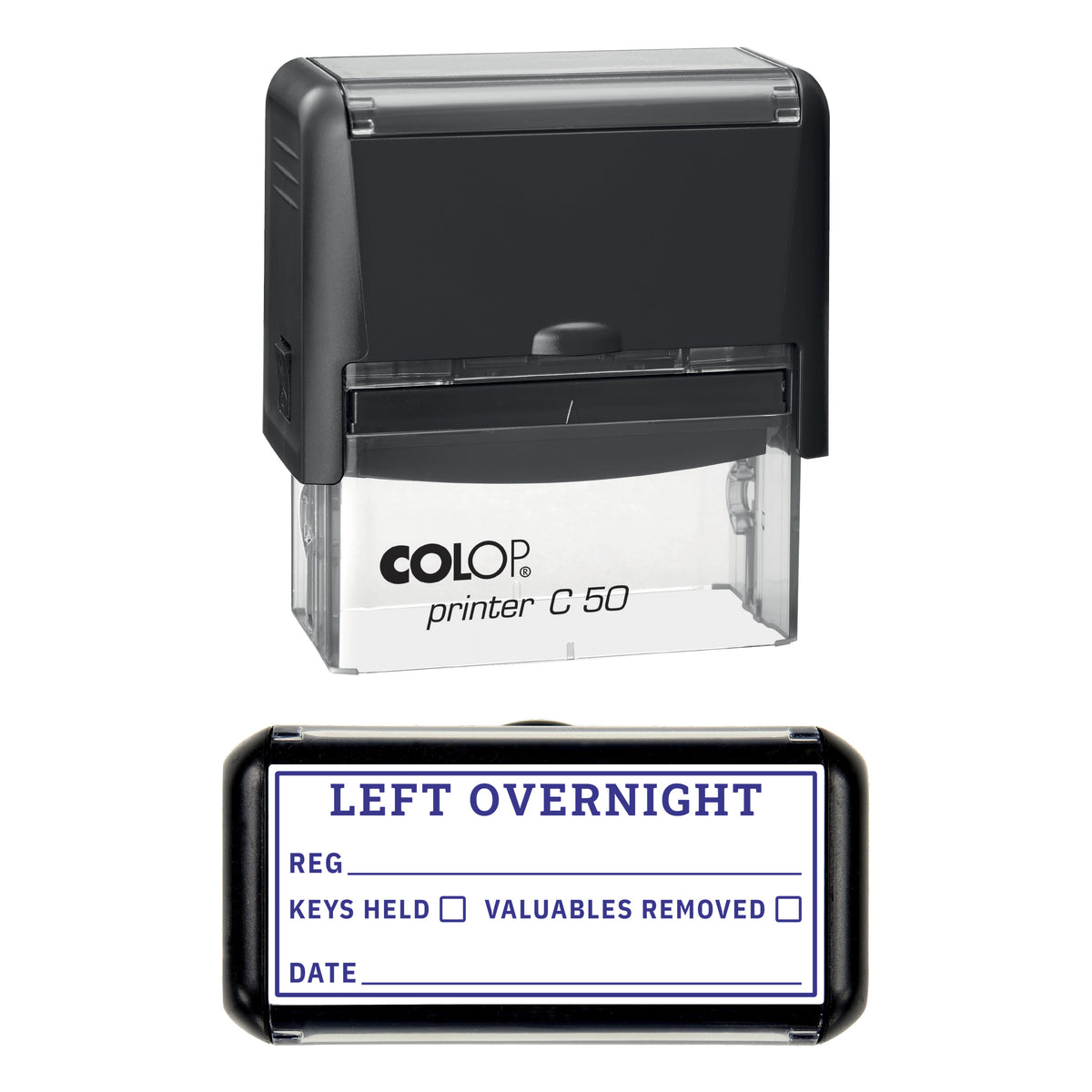 Left Overnight Stamp, COLOP C50, 70 x 30mm, violet ink