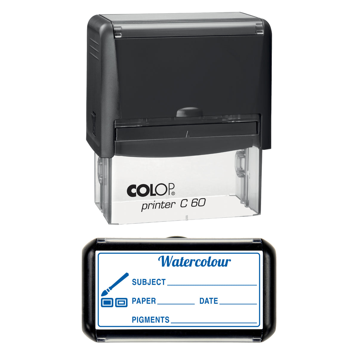 Watercolour Session Log Stamp, COLOP C60, 77 x 36mm, blue ink