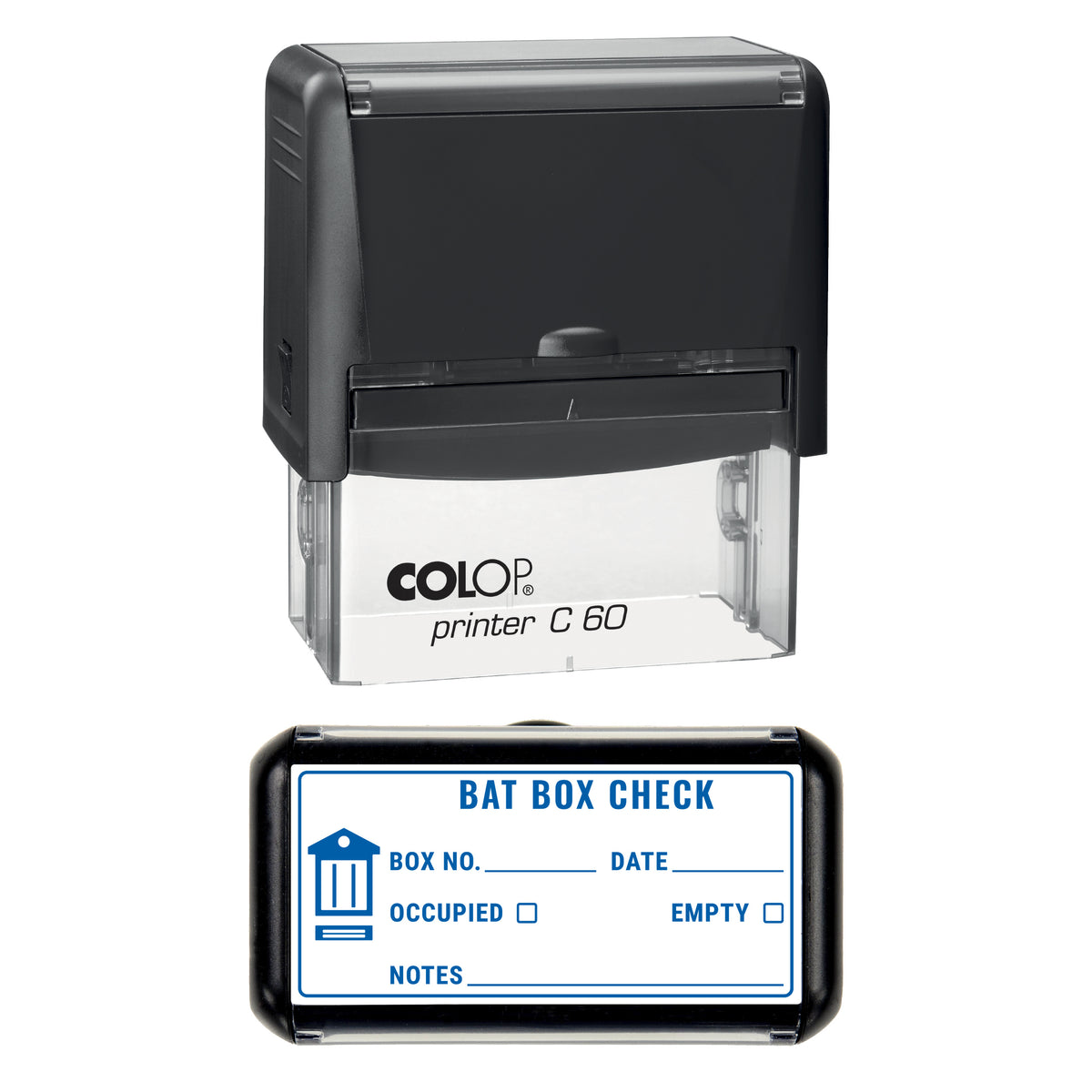 Bat Box Check Log Stamp, COLOP C60, 77 x 36mm, blue ink