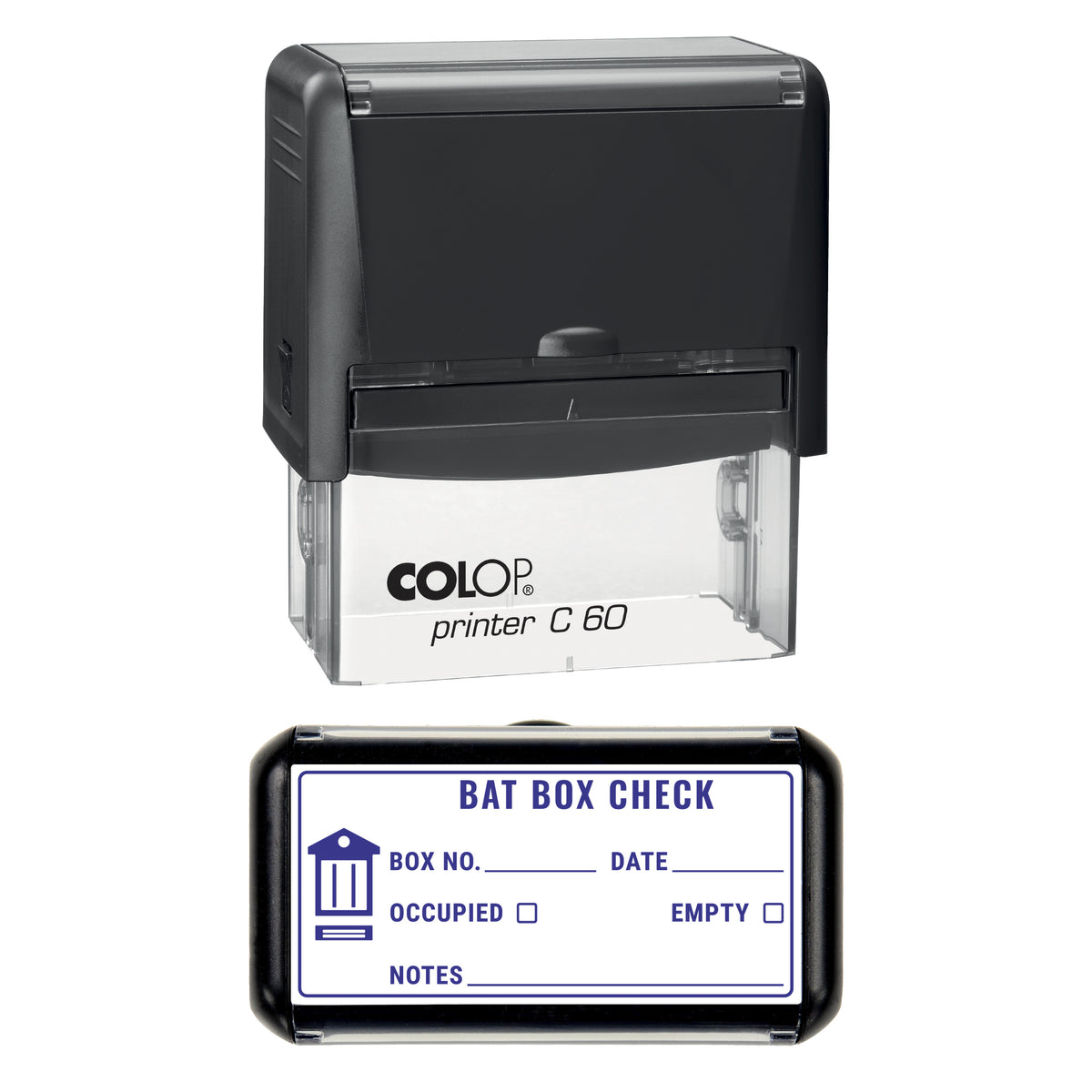 Bat Box Check Log Stamp, COLOP C60, 77 x 36mm, violet ink