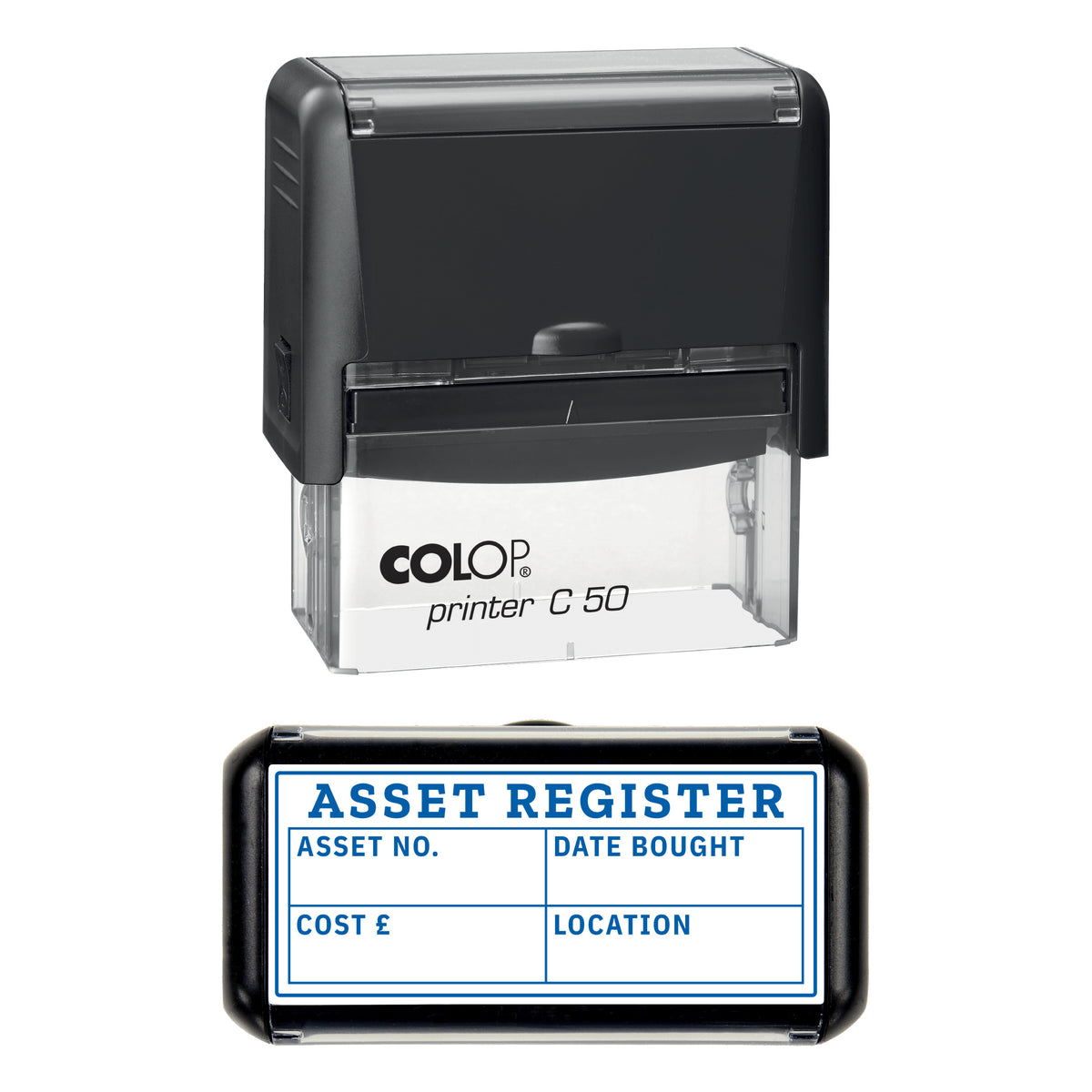 Asset Register Stamp, COLOP C50, 70 x 30mm, blue ink