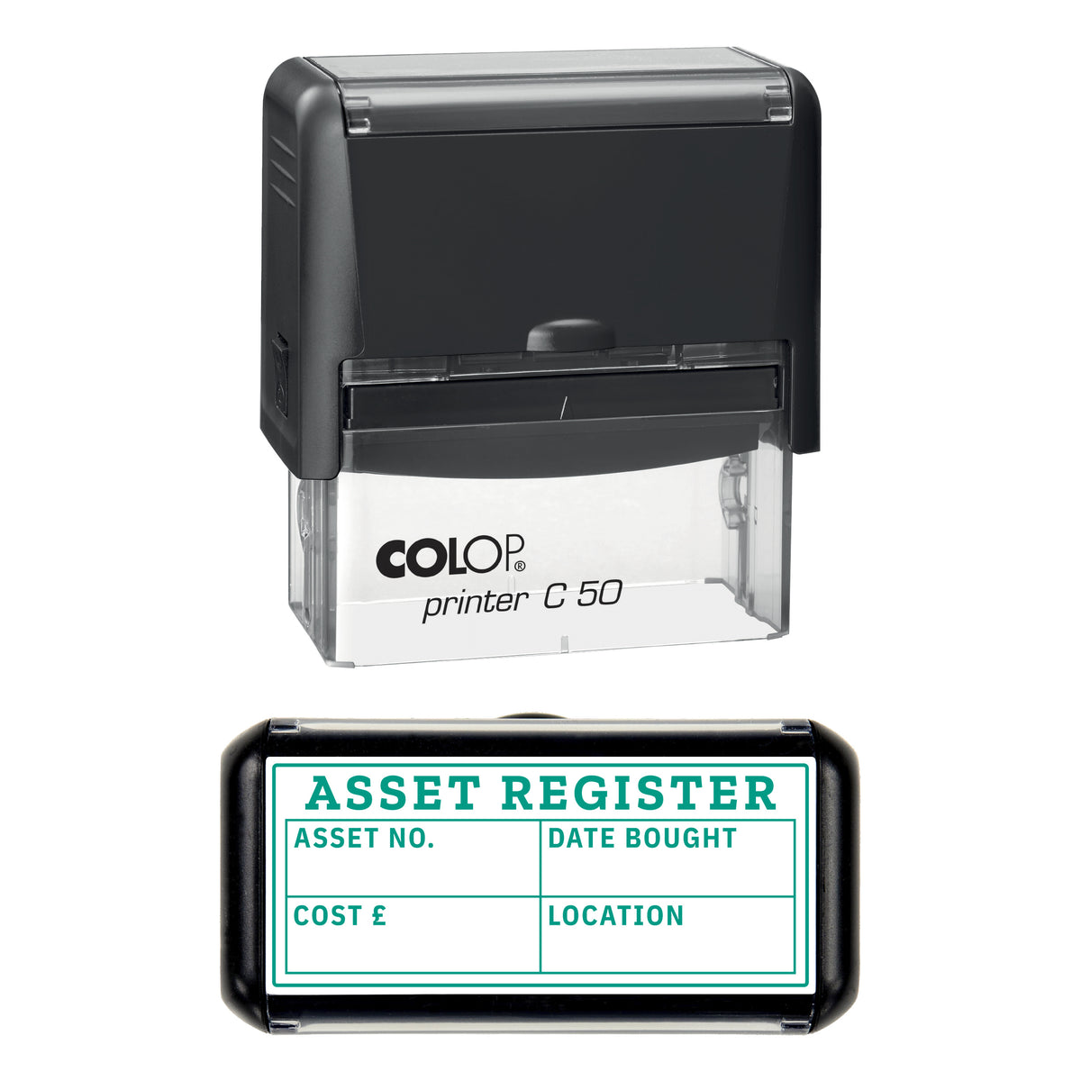 Asset Register Stamp, COLOP C50, 70 x 30mm, green ink