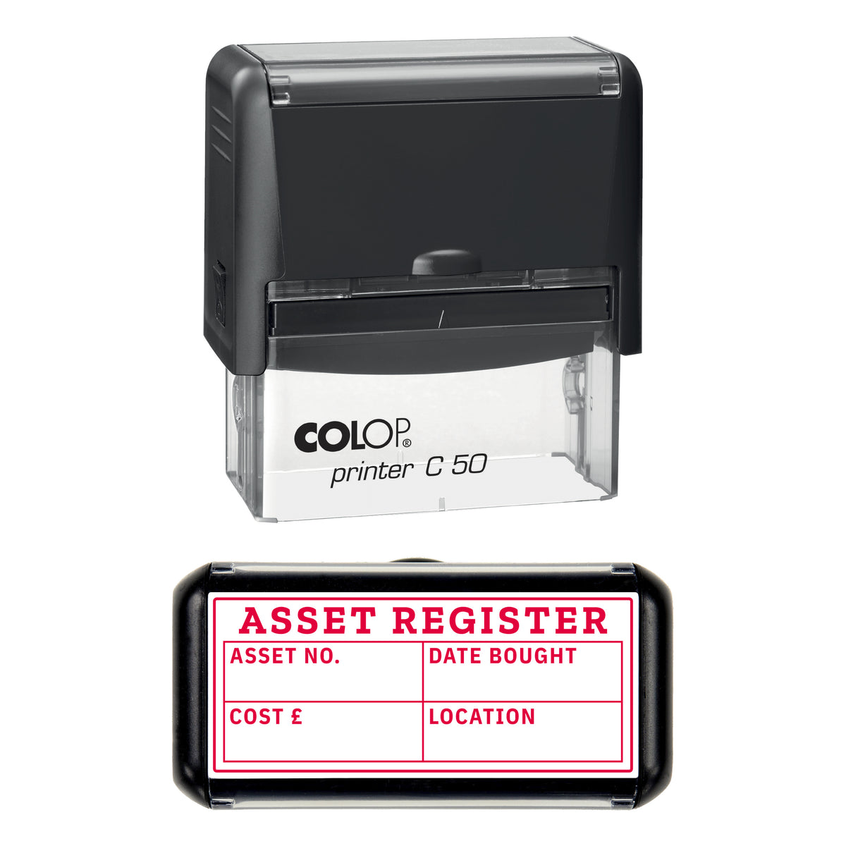 Asset Register Stamp, COLOP C50, 70 x 30mm, red ink