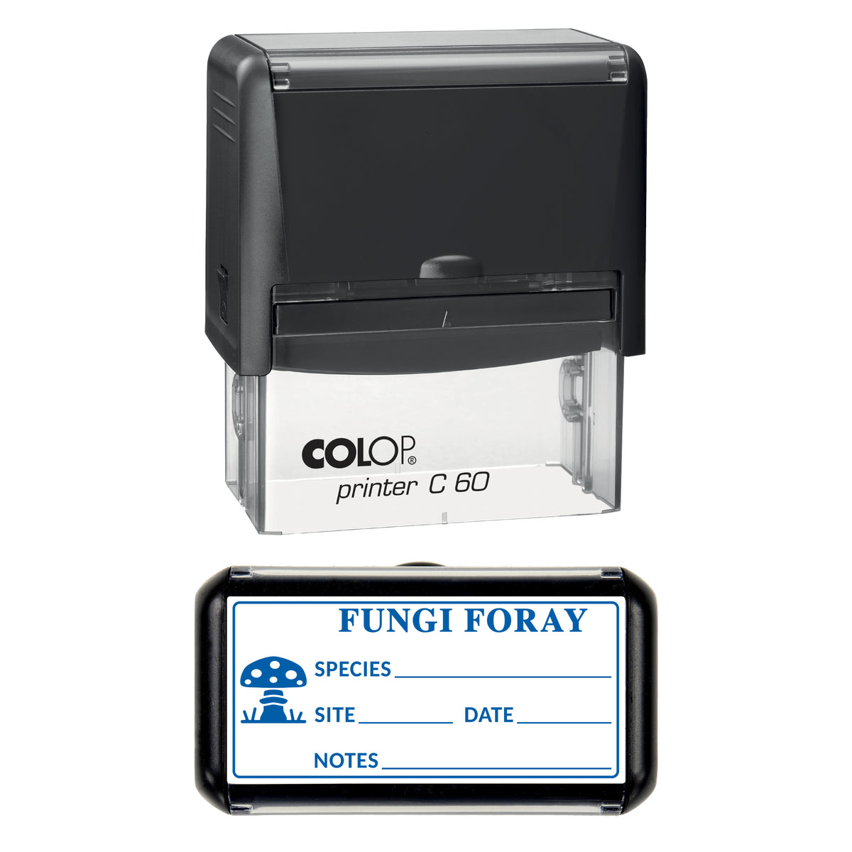 Fungi Foray Finds Log Stamp, COLOP C60, 77 x 36mm, blue ink