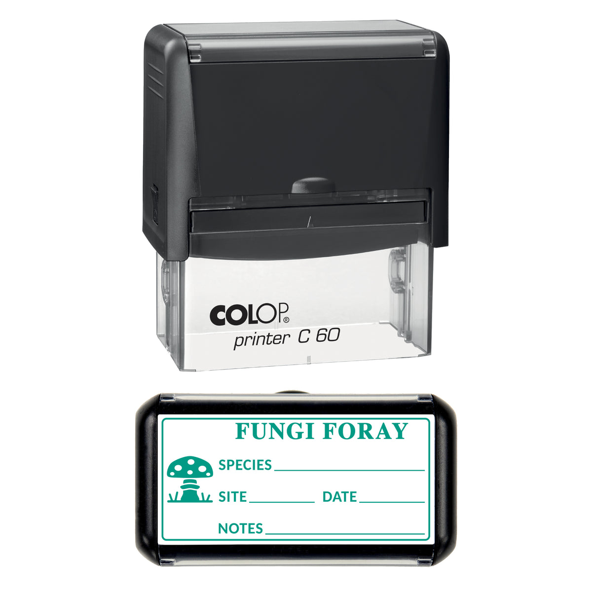 Fungi Foray Finds Log Stamp, COLOP C60, 77 x 36mm, green ink