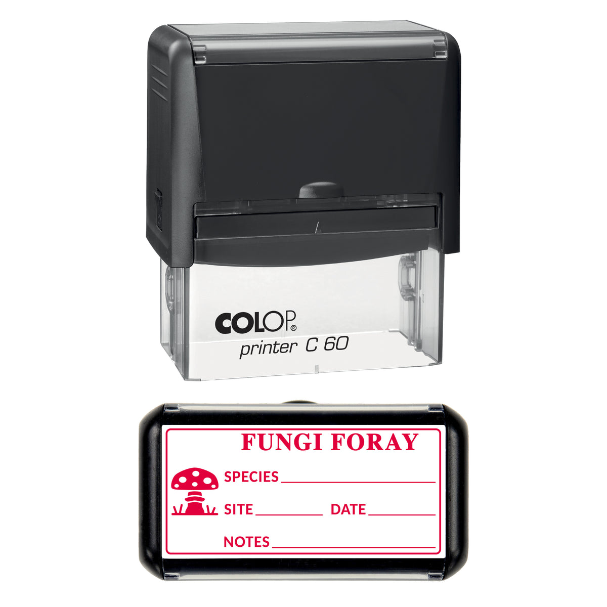 Fungi Foray Finds Log Stamp, COLOP C60, 77 x 36mm, red ink