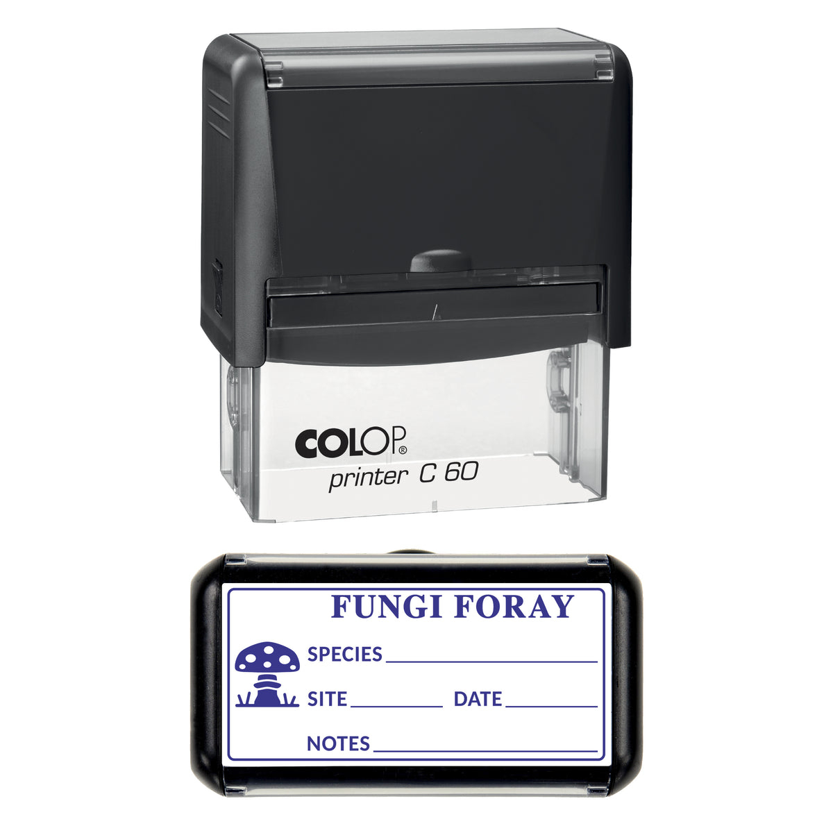 Fungi Foray Finds Log Stamp, COLOP C60, 77 x 36mm, violet ink