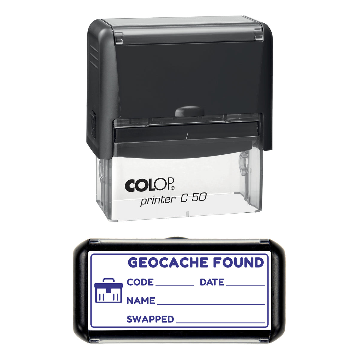 Geocache Find Log Stamp, COLOP C50, 70 x 30mm, violet ink