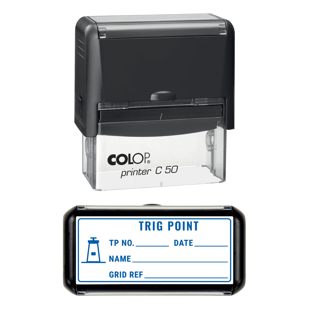 Trig Point Visit Log Stamp, COLOP C50, 70 x 30mm, blue ink