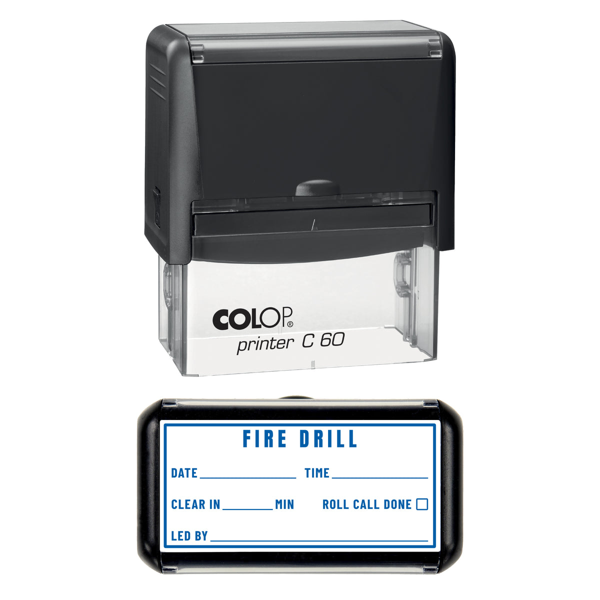 Fire Drill Stamp, COLOP C60, 77 x 36mm, blue ink
