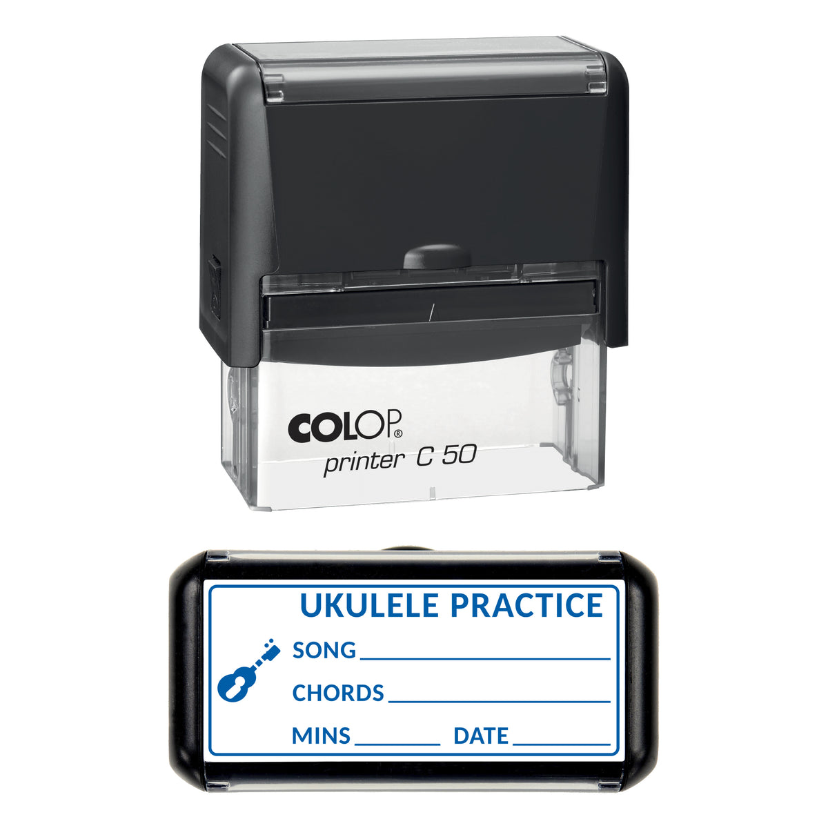Ukulele Practice Log Stamp, COLOP C50, 70 x 30mm, blue ink