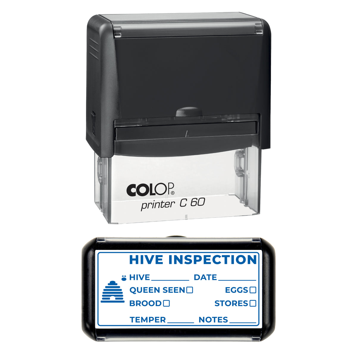 Hive Inspection Record Stamp, COLOP C60, 77 x 36mm, blue ink