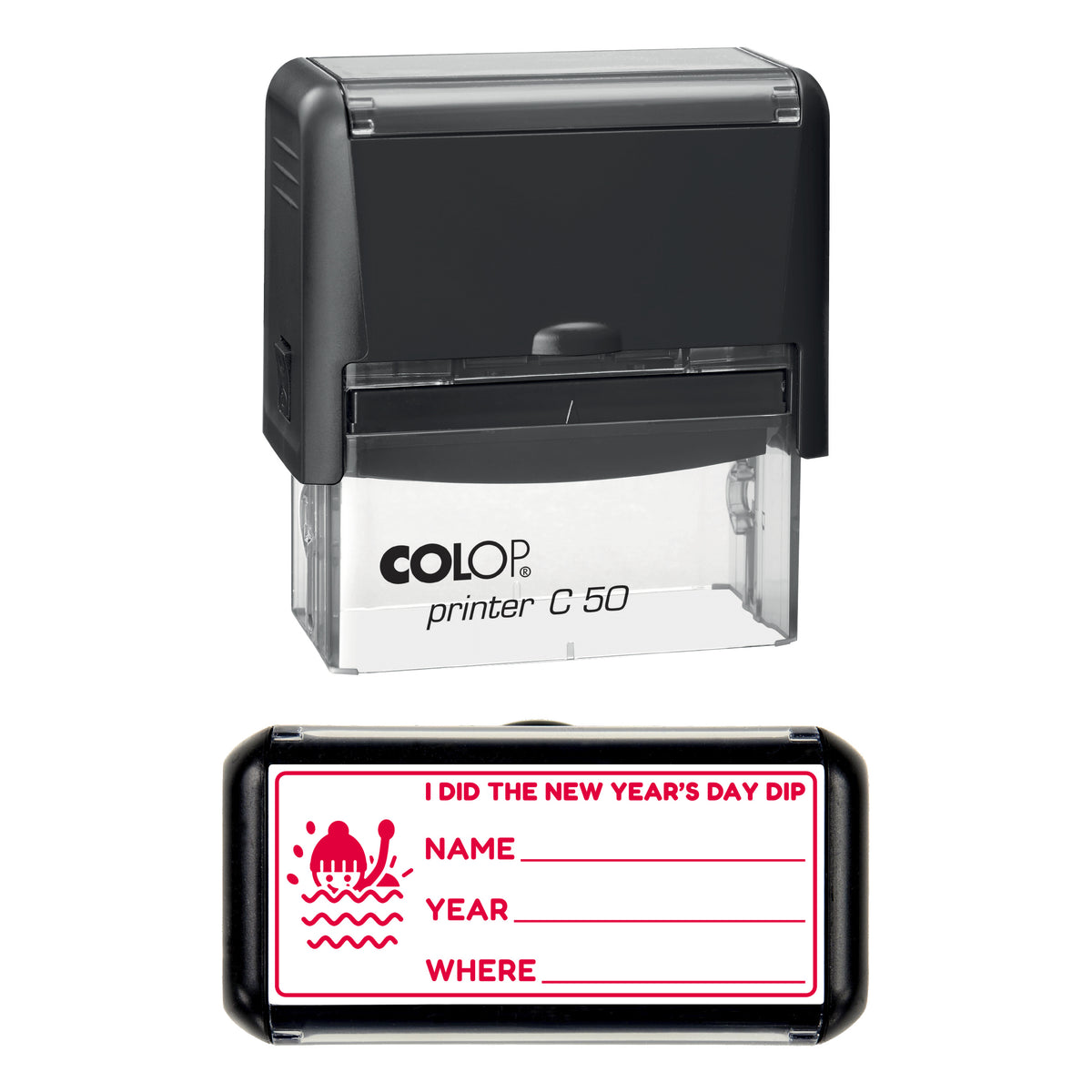 New Year's Day Dip Record Stamp, COLOP C50, 70 x 30mm, red ink