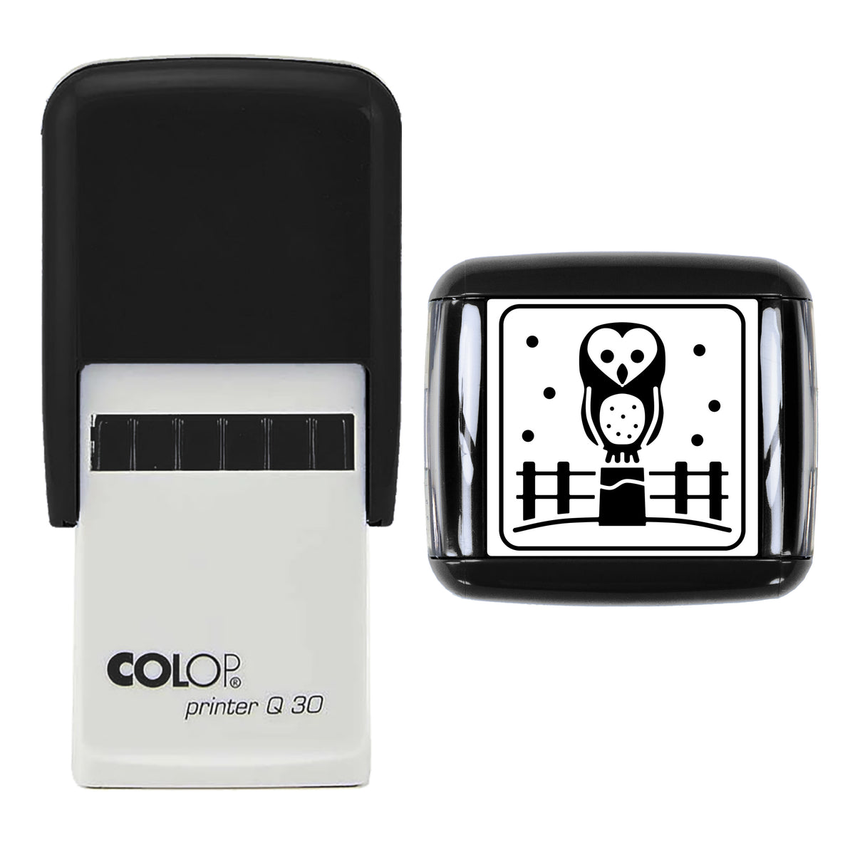 Barn Owl on Snowy Fence Christmas Stamp, COLOP Q30, 30 x 30mm, black ink