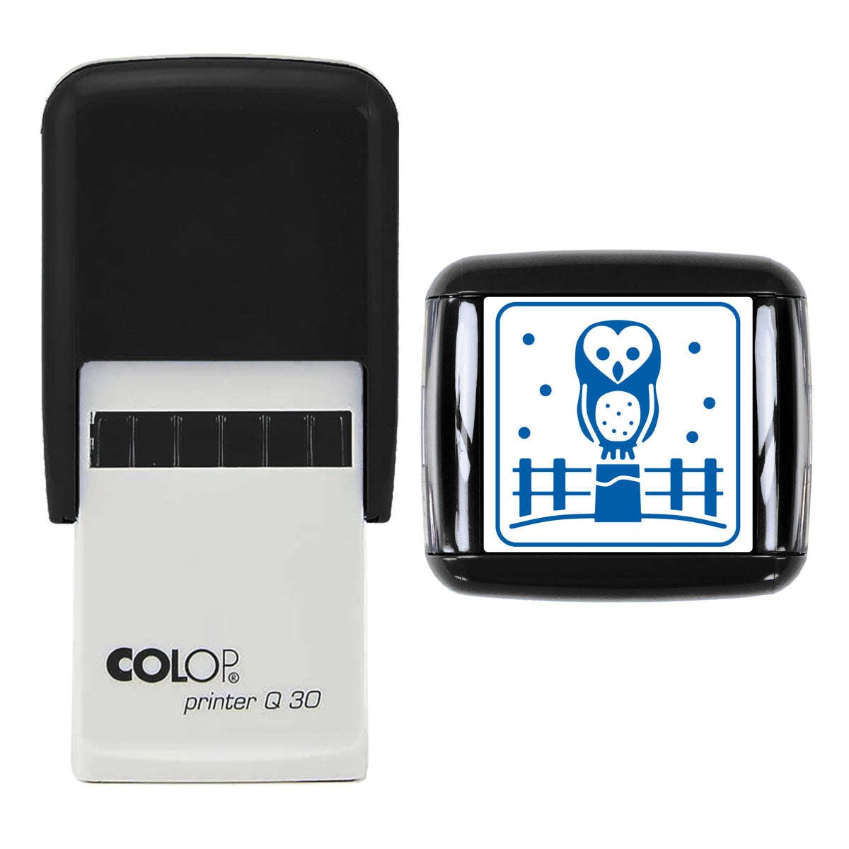 Barn Owl on Snowy Fence Christmas Stamp, COLOP Q30, 30 x 30mm, blue ink