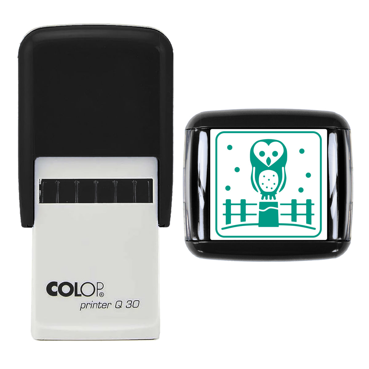 Barn Owl on Snowy Fence Christmas Stamp, COLOP Q30, 30 x 30mm, green ink