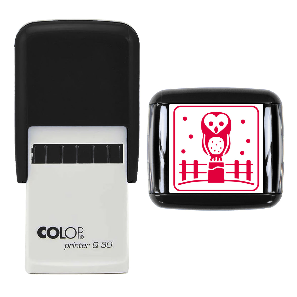 Barn Owl on Snowy Fence Christmas Stamp, COLOP Q30, 30 x 30mm, red ink