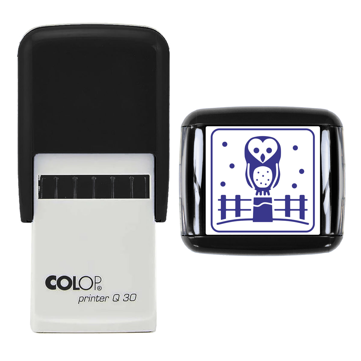 Barn Owl on Snowy Fence Christmas Stamp, COLOP Q30, 30 x 30mm, violet ink