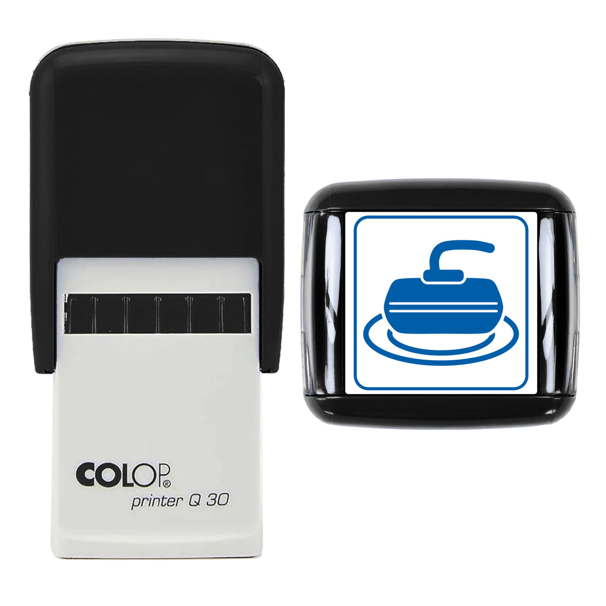 Curling Stone on Ice Christmas Stamp, COLOP Q30, 30 x 30mm, blue ink